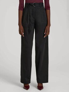 Pleated Wide Leg Chino With Belt for Tall Women in Deep Black Pleated Wide Leg C